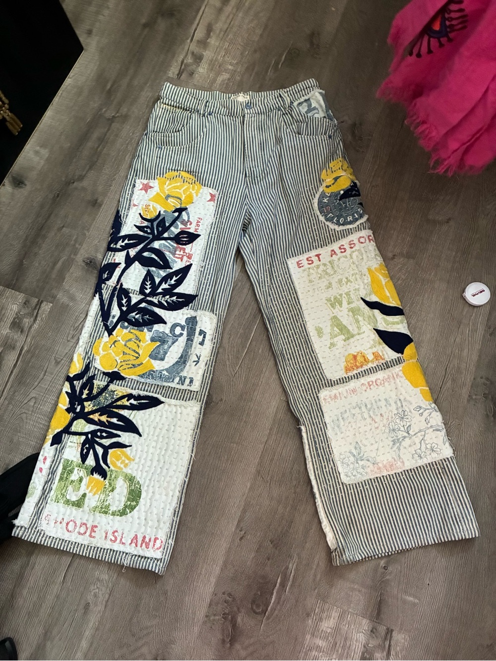 Free People Honeybutter Striped Wide Leg Jeans with Yellow & Navy Floral Print - Picture 2 of 11